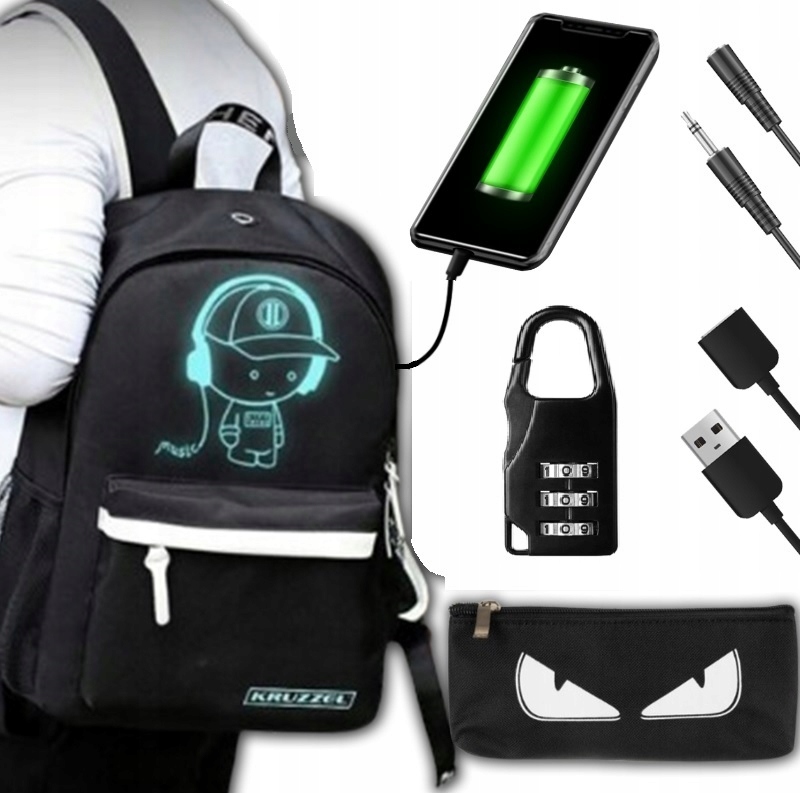 Školský batoh svietiaci vo tmavej farbe s USB a odrazkami + DARČEK peračník a zámok